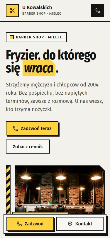 Przykładowa strona barbera na ekranie telefonu: nazwa firmy z przyciskiem telefonu, nagłówek, przyciski „Zadzwoń teraz” i „Zobacz cennik”, zdjęcie wnętrza i pasek z przyciskiem „Zadzwoń” na dole ekranu