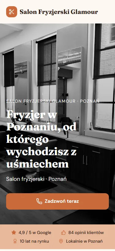 Przykładowa strona: Salon fryzjerski, na telefonie