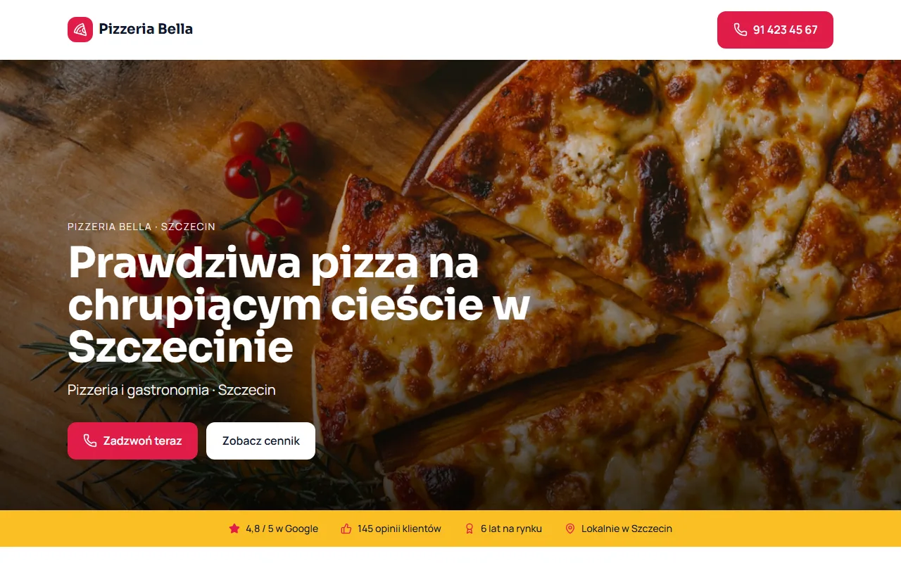 Przykładowa strona: Pizzeria, na laptopie
